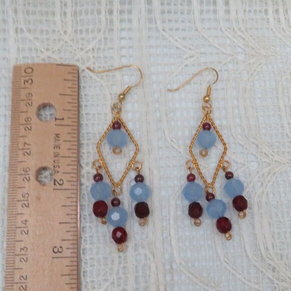 Handmade Garnet Chandelier Earrings on Gold Toned Diamond Shapes for Women - Picture 7 of 7